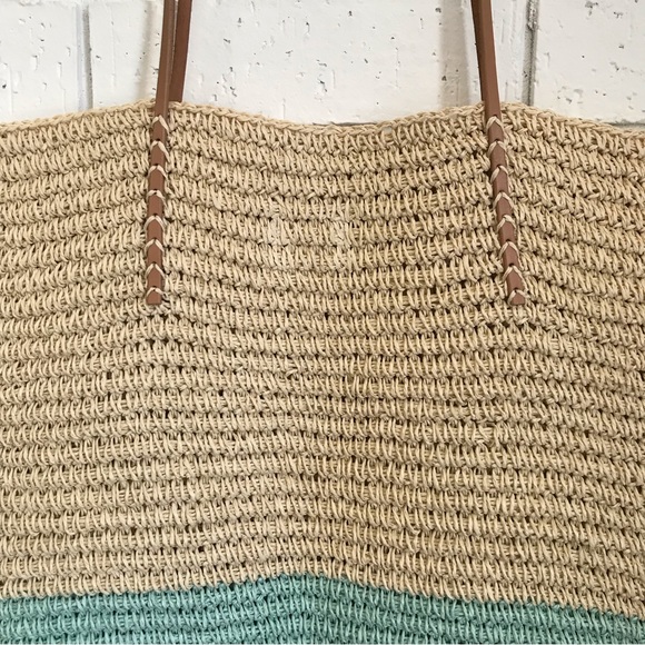 Merona Woven Paper & Leather Handle Tan & Light Blue Tote - Picture 7 of 9